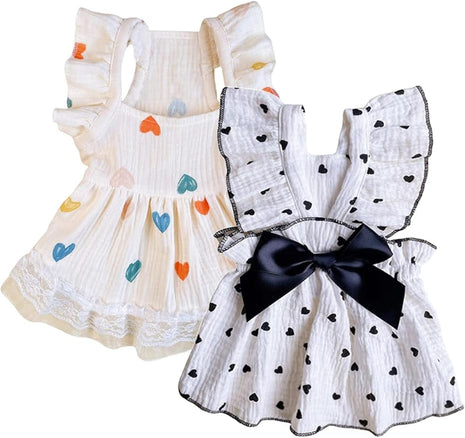 QWINEE 2pc Cute Heart Pattern Dog Dress Ruffle Trim Princess Dress Cat Vest Dress Lace Trim Summer Dress Pet Clothes for Small Medium Cats Dogs Kitten Puppy Black Multi XX-Large