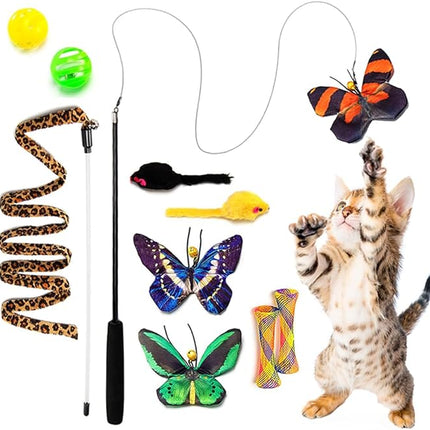 AWOOF Butterfly Cat Wand Cat Toys Set, Realistic Crinkle Catnip Butterflies Kitten Toys with Retractable Interactive Cat Wand 11 PCS Cat Toys for Indoor Cats