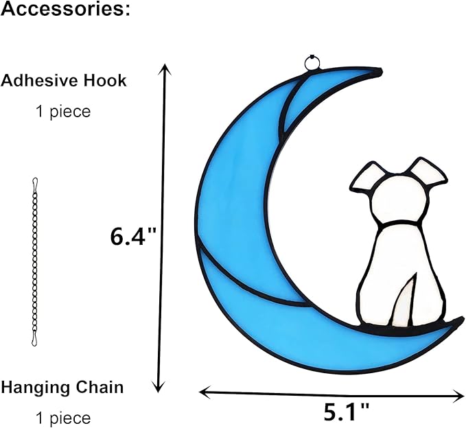 Stained Glass Pet Dog Memorial Gifts for Dog Lovers, White Dog Decor on Blue Moon Window Hangings Suncatcher, Loss of Dog Sympathy Gift, Pet Loss Remembrance Gifts