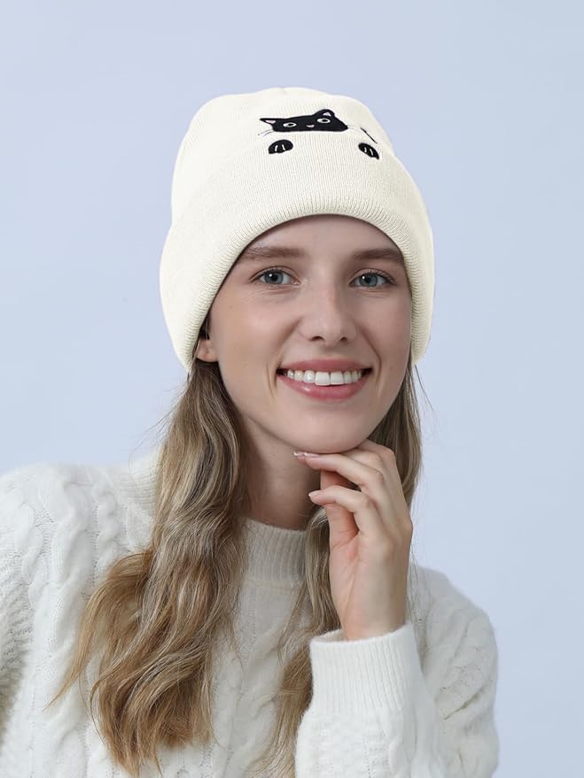 Women’s Cat Beanie Cute Cat Lover Gifts Animal Knitted Hats Christmas Stocking Stuffers for Women Girls