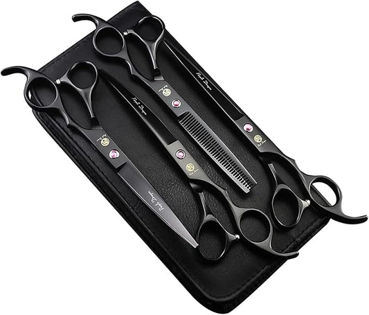 Purple Dragon Professional 7.0 inch 4PCS Pet Grooming Scissors Kit Japan Premium Steel Straight, Curved & Thinning Blade Dog Hair Cutting Shears Set with Case