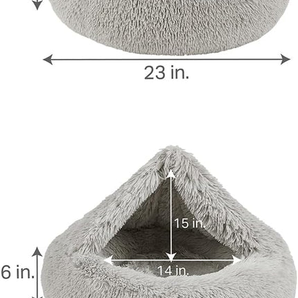 Friends Forever Luna Donut Cat Bed Cave, Soft Faux Fur Hooded Blanket Dog Couch For Indoor Pet, Fluffy Calming Plush Shag, Cozy Round Cushion, Machine Washable Cuddler, Self Warming, Grey
