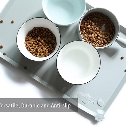 Hoki Found L Silicone Pet Feeding Mats with Higher Lips - Non Slip Pet Dog Cat Bowl Mats - Waterproof - Suitable for Carpet - Battleship