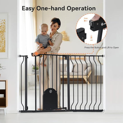 COMOMY 29.5-48.4" Baby Gate with Adjustable Cat Door,Extra Wide Metal Cat Gate for Stairs Doorways, Auto Close Dog Gate with Pet Door for House, Pressure Mounted Easy Walk Through (30" Tall, Black)