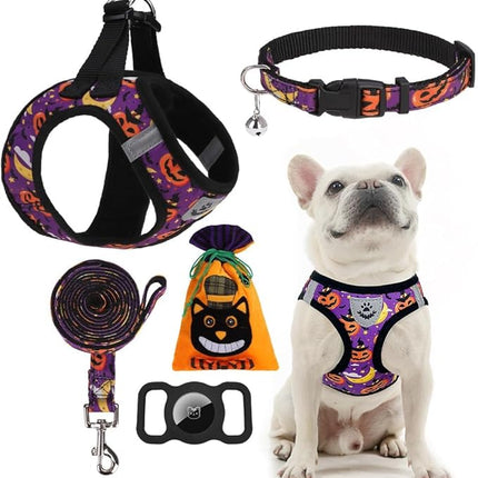 EXPAWLORER Halloween Puppy Harness - Dog Collar and Leash - Soft Mesh Padded Adjustable Step in Small Dog Vest Harness No Pull, Reflective Escape Proof for Outdoor Walking, Purple M