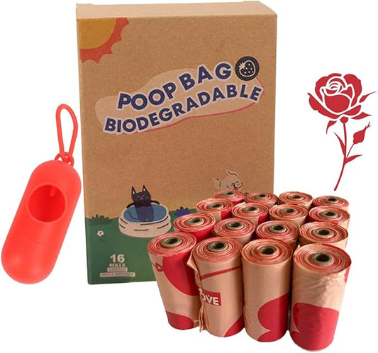 Biodegradable Dog Poop Bags Rolls with Pull-Ring Dispenser - 5 Fresh Scents, Large 9x13 Inch Plant-Based Bags, Leakproof & Easy Tear (Rose Scent, Red, 240 Count, 16 Rolls)