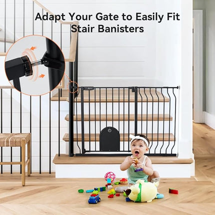 COMOMY 29.5-48.4" Baby Gate with Adjustable Cat Door,Extra Wide Metal Cat Gate for Stairs Doorways, Auto Close Dog Gate with Pet Door for House, Pressure Mounted Easy Walk Through (30" Tall, Black)