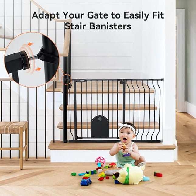 COMOMY 29.5-48.4" Baby Gate with Adjustable Cat Door,Extra Wide Metal Cat Gate for Stairs Doorways, Auto Close Dog Gate with Pet Door for House, Pressure Mounted Easy Walk Through (30" Tall, Black)