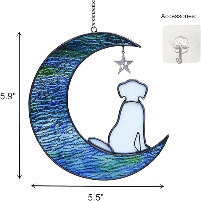 Dog Memorial Gifts for Loss of Dog Sympathy Gift, Stained Glass Dog Decor on Moon Window Hanging Suncatcher Pet Memorial Gifts Sympathy Pet Loss Gifts for Dog Lovers