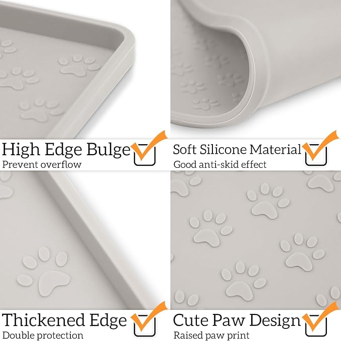 Ptlom Dog Food Mat Anti-Slip Bowl Mats for Food and Water, Waterproof Silicone Pet Placemat with High Raised Edges, Non-Slip Puppy Feeding Tray for Small, Medium Large Cats Dogs, Cream, 11.8"x11.8"