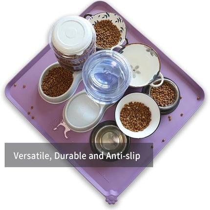 Hoki Found XX-Large Silicone Pet Food Mats - Non Slip Dog Cat Bowl Placemats - Waterproof Dog Cat Food Mats for Carpet - Amethyst