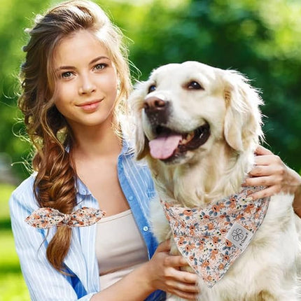 E-Clover Dog Bandanas & Matching Scrunchie Set Cute Flower Dog Scarf Bibs Girl Pet Bandana with Bow Tie for Medium Large Dogs Owner Mom Spring