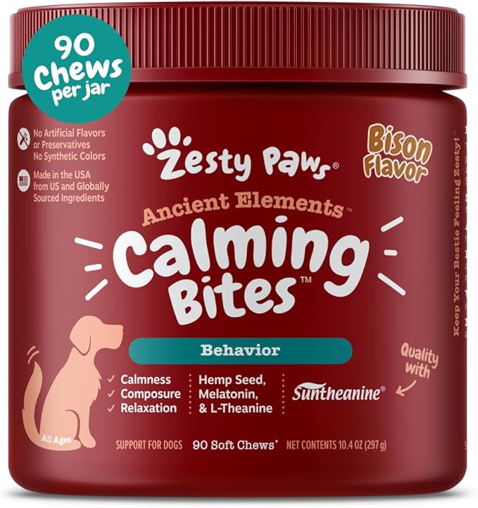 Zesty Paws Calming Chews for Dogs - for Everyday Stress, Relaxation, Composure, and Separation Bison 90 Count