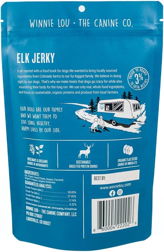 Winnie Lou Elk Jerky Dog Treats – Limited Ingredient, Human Grade, Training Treats for Small, Medium & Large Dogs, Made in USA (1 Pack)