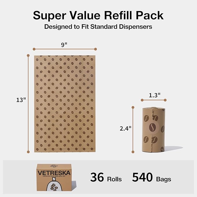 VETRESKA Dog Poop Bags, 540 Count Coffee Scented Waste Bags, Leak Proof, Extra Thick, 9" x 13" Large Dog Pet Bags for Dogs and Cats - (36 Rolls)
