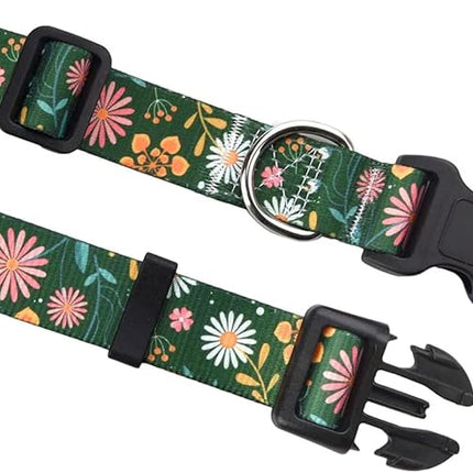 Dog Collar with Bohemia Floral Tribal Geometric Patterns - Soft Ethnic Style Collar Adjustable for Small Medium Large Dogs(Dark Green Flower,L)