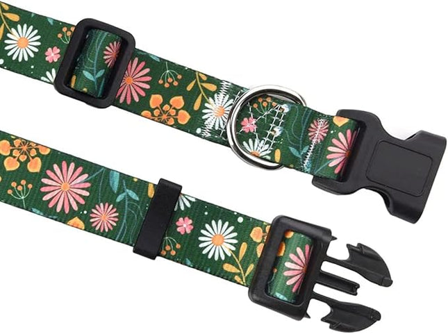 Dog Collar and Leash Set with Bohemia Floral Tribal Geometric Patterns - Soft Ethnic Style Collar Adjustable for Small Medium Large Dogs(Dark Green Flower Set,S)