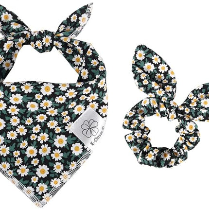 E-Clover Dog Bandanas & Matching Scrunchie Set Girl Dog Scarf Bibs with Bow Scrunchie for Small Dogs Puppy Pet Owner Gifts Flower Black
