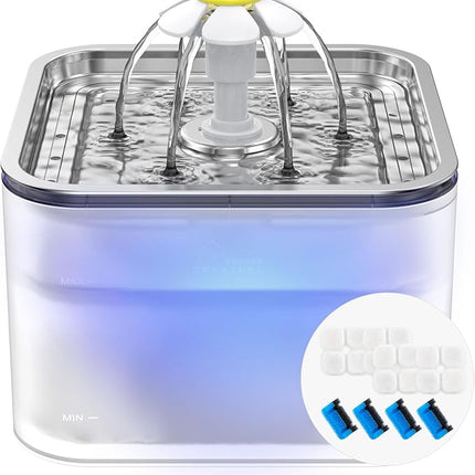 Crystal Cat Water Fountain Stainless Steel with 4 Filters and 4 Sponges, 101oz/3L Pet Fountain with LED Light for Cats and Dogs (Clear)