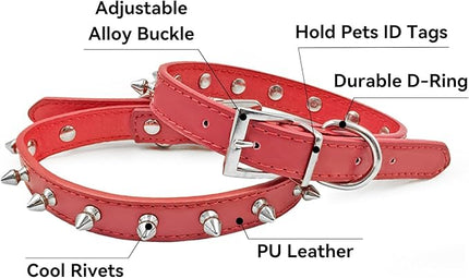 Enjoying Spiked Cat Collar, Leather Spikes Dog Collars for Cats Small Dogs, Adjustable Pet Collar with Rings, Red XS