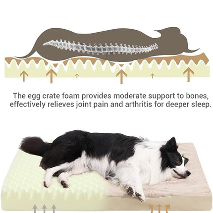 KSIIA Orthopedic Dog Bed Crate Waterproof Pet Mats for Large Dogs Deluxe Plush Washable Pet Bed with Egg Crate Foam & Removable Cover, 35 x 22 Inch, Khaki