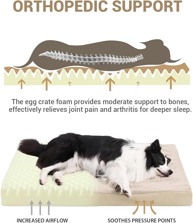 KSIIA Orthopedic Dog Bed Crate Waterproof Pet Mats for Large Dogs Deluxe Plush Washable Pet Bed with Egg Crate Foam & Removable Cover, 35 x 22 Inch, Khaki