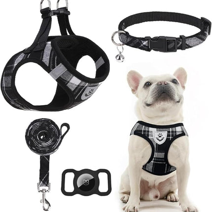 EXPAWLORER Classic Plaid Puppy Harness - Dog Collar and Leash - Soft Mesh Padded Adjustable Step in Small Dog Vest Harness No Pull, Reflective Escape Proof for Outdoor Walking, Black L