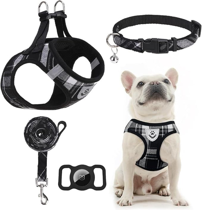 EXPAWLORER Classic Plaid Puppy Harness - Dog Collar and Leash - Soft Mesh Padded Adjustable Step in Small Dog Vest Harness No Pull, Reflective Escape Proof for Outdoor Walking, Black XS