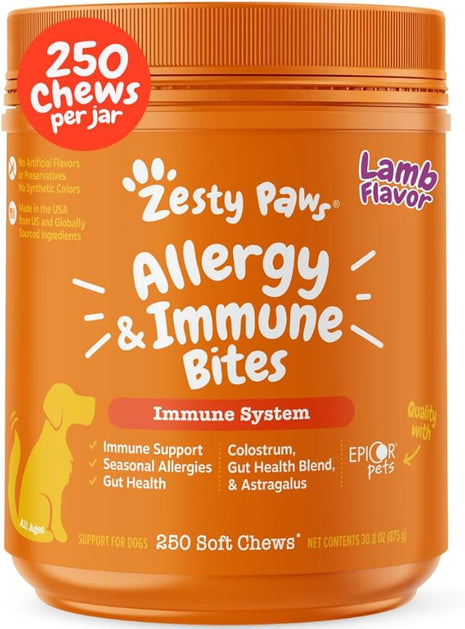 Zesty Paws Dog Allergy Relief Chews, Dog Probiotics for Itchy Skin and Ears, Lamb, 250ct