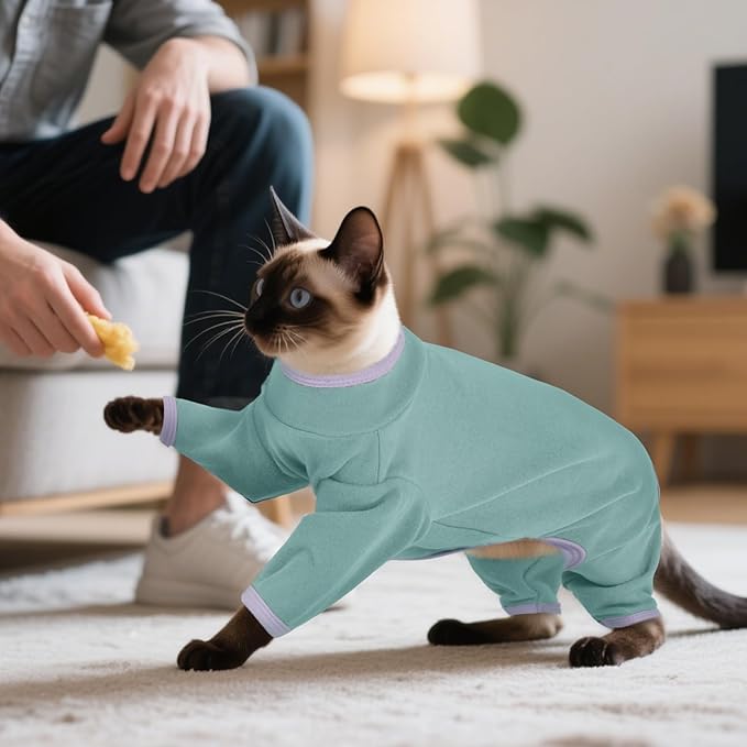 DENTRUN Cat Clothes for Hair Control with Hair Sticky Fabric - Soft Recovery Suit & Breathable Lint-Resistant Cat Sweater for Cats Only, Kitten Onesie Pajamas, XXL, Bean Green