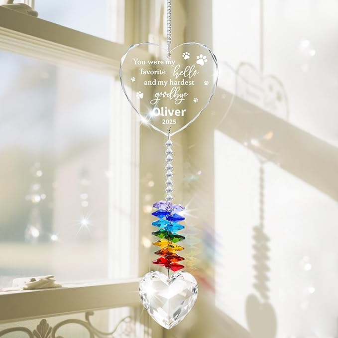 Personalized Pet Memorial Suncatcher - Dog Memorial Gifts for Loss of Dog,Pet Loss Sympathy Gift,Custom Crystal Cats Dogs Remembrance Bereavement Gift (Pet Memorial(Heart))
