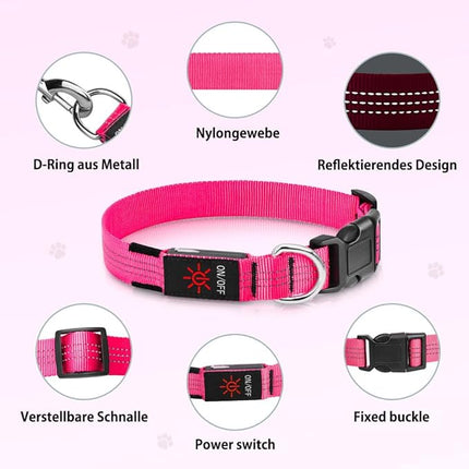 Light Up Dog Collar, USB Rechargeable Reflective LED Pet Collar Adjustable High Visibility Doggie Necklace Lights for Night Walking (Pink, Large)