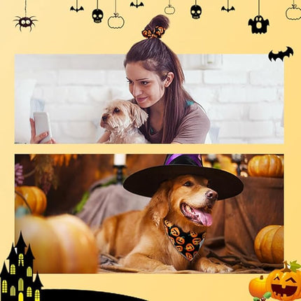 E-Clover Halloween Dog Bandanas & Matching Scrunchie Set Pumpkin Dog Scarf Kerchiefs Pet Outfit for Medium Large Dogs Owner Mom Orange Black Fall
