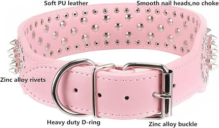 Hoot PU Leather Adjustable Spiked Studded Dog Collar 2" Wide 37 Spikes (M(Neck 19"-22"), Pink)