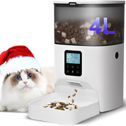 Automatic Cat Feeder, 4L Cat Food Dispenser with 10s Voice Recorder, Pet Feeder up to 8 Meals per Day, Timed Dog Feeder with Dry Food Sealed Ring (White, 4L-Basic)