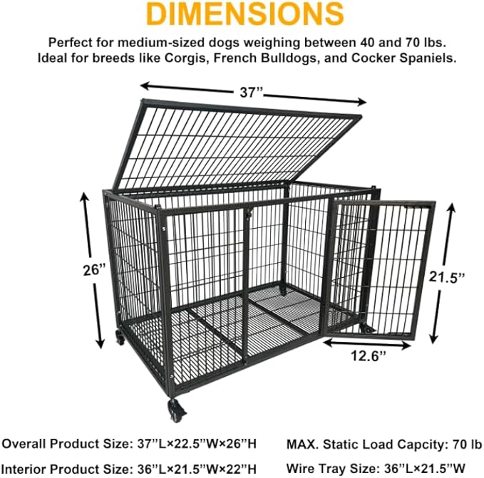 54 Heavy Duty Dog Crate Cage with Divider, Indestructible and Escape Proof Steel Kennel Indoor for High Anxiety Dogs with Removable Tray, Lockable Wheels, Double Door, Extra Large XL XXL