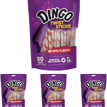 Dingo Twist Sticks, Premium Rawhide Treats for Dogs Made with Real Chicken 50-Count (Pack of 4)