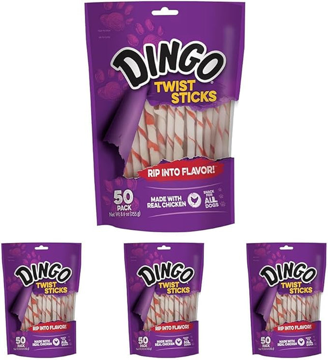 Dingo Twist Sticks, Premium Rawhide Treats for Dogs Made with Real Chicken 50-Count (Pack of 4)