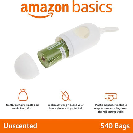 Amazon Basics Dog Poop Bags with Dispenser, 540 Count, Enhanced for Guaranteed Leakproof, Unscented, Includes Leash Clip