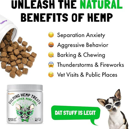 Calming Hemp Treats for Dogs Made in USA Organic Hemp Natural Separation Aid Helps Barking, Chewing, Thunder, Fireworks, Aggressive Behavior Soothing Stress Relief Natural Relaxation 120 Chews