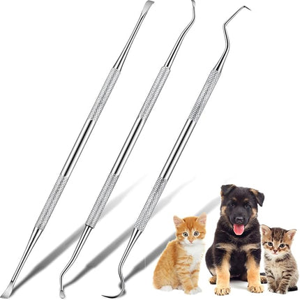 Hotop 3 Pieces Dog Dental Tooth Scaler and Scraper Stainless Double Headed Tarter Removing Tool Scraper Pet Teeth Cleaning Tools for Dog and Cat (Silver)