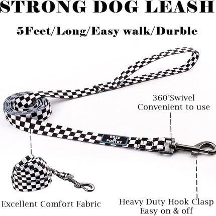 Roses&Poetry Dog Collar and Leash for Extra Small,Adjustable Durable 5ft Puppy Leash Collar for Dog Training Lead（Black & White-XS）