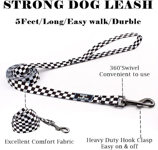 Roses&Poetry Dog Collar and Leash for Medium Large,Adjustable Durable 5ft Puppy Leash Collar for Dog Training Lead（Black & White-M）