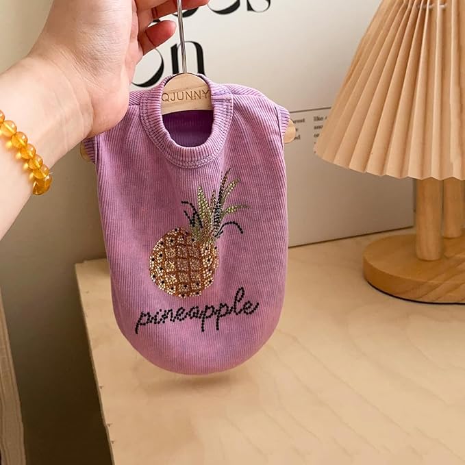 Washed Cotton Pet Vest with Rhinestone Fruit Designs, Soft & Stylish Small Dog Cat Vest for Spring Summer, Breathable & Shiny (Purple-Pineapple, Medium)