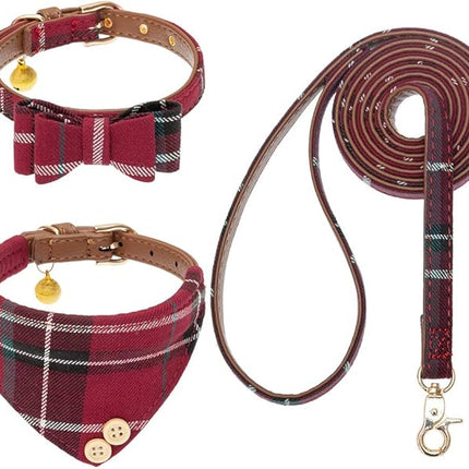 EXPAWLORER Dog Collar and Leash Set - Classic Plaid Dog Bow Tie and Dog Bandana Collar with Bell, Dog Leash Tangle Free, Adjustable Collars for Small Medium Large Dogs Cats, Holiday Ideal Gift