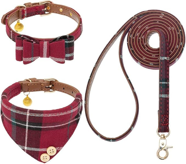 EXPAWLORER Dog Collar and Leash Set - Classic Plaid Dog Bow Tie and Dog Bandana Collar with Bell, Dog Leash Tangle Free, Adjustable Collars for Small Medium Large Dogs Cats, Holiday Ideal Gift