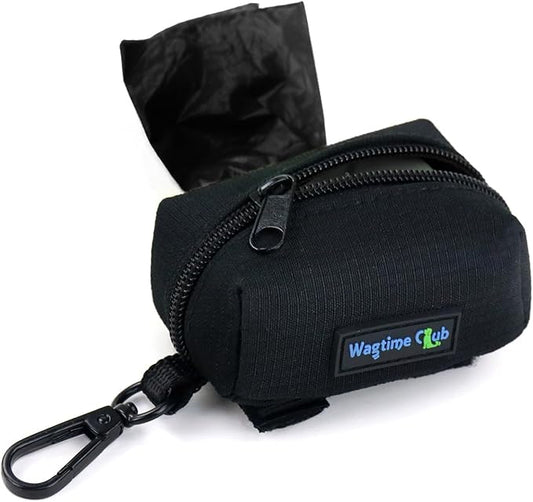 Wagtime Club Dog Poop Bag Holder for Leash Dog Waste Bag Dispenser Soft Fabric Puppy Potty Carrier Suitable for Any Leash with 1 Roll of Pet Trash bag, Black