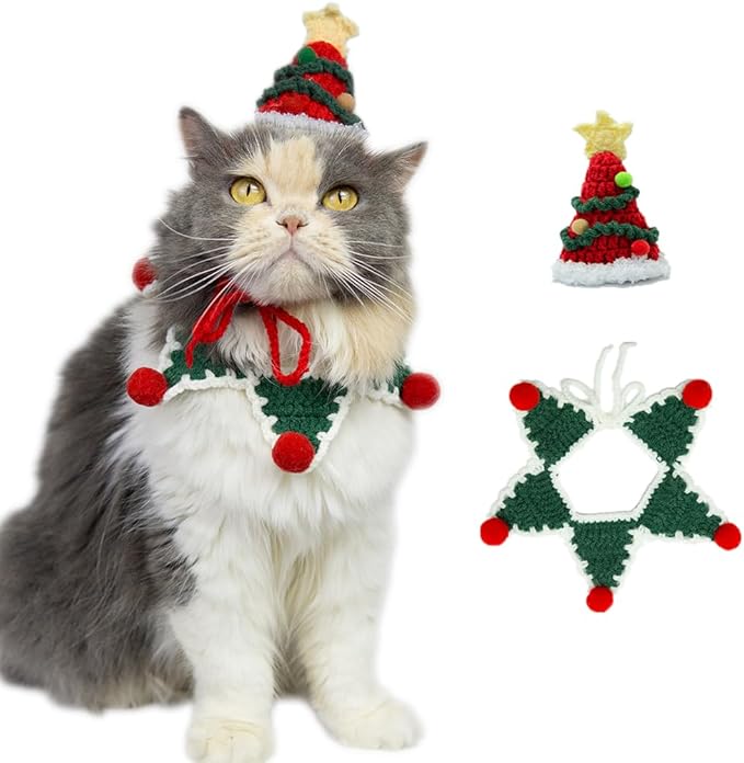 Christmas Cat Costume,Handmade Christmas Tree Dog Hat,Cat Outfit,Dog Costume,Adjustable Fit Five-Pointed Star Kitten Clothes,Pet Accessories for Party,Outgoing