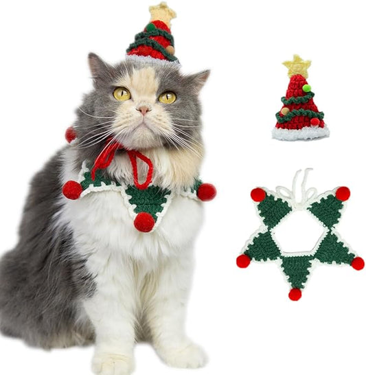 Christmas Cat Costume,Handmade Christmas Tree Dog Hat,Cat Outfit,Dog Costume,Adjustable Fit Five-Pointed Star Kitten Clothes,Pet Accessories for Party,Outgoing
