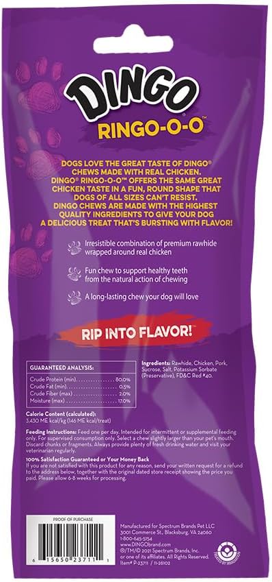 Dingo Ringo-o-o, Premium Rawhide Treats with Real Meat for Small, Medium, and Large Dogs 5-Count